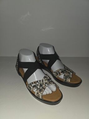 Bernie Mev Lisa Aztec & Black Stretchy Straps Low Wedge Sandals 39 USA 8.5 New